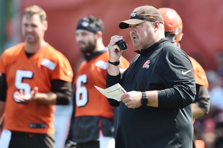 Cleveland Browns head coach Freddie Kitchens calls a play during training camp at the Cleveland Browns Training Complex. Cleveland Browns head coach Freddie Kitchens calls a play during training camp at the Cleveland Browns Training Complex.