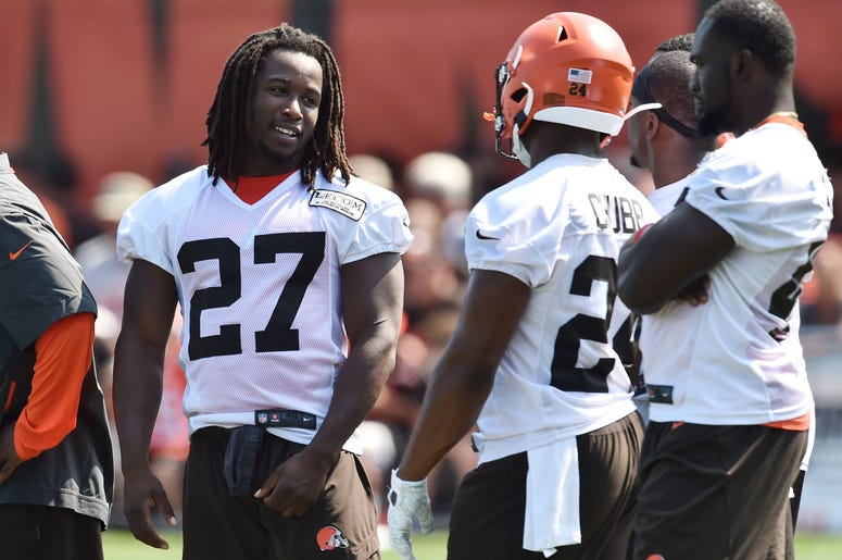 Cleveland Browns running back Kareem Hunt (27) talks with running back Nick Chubb (24) during training camp at the Cleveland Browns Training Complex. Cleveland Browns running back Kareem Hunt (27) talks with running back Nick Chubb (24) during training camp at the Cleveland Browns Training Complex.