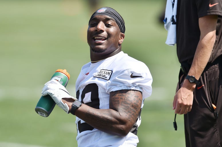 Cleveland Browns running back Duke Johnson (29) takes a water break during training camp at the Cleveland Browns Training Complex. Cleveland Browns running back Duke Johnson (29) takes a water break during training camp at the Cleveland Browns Training Complex.