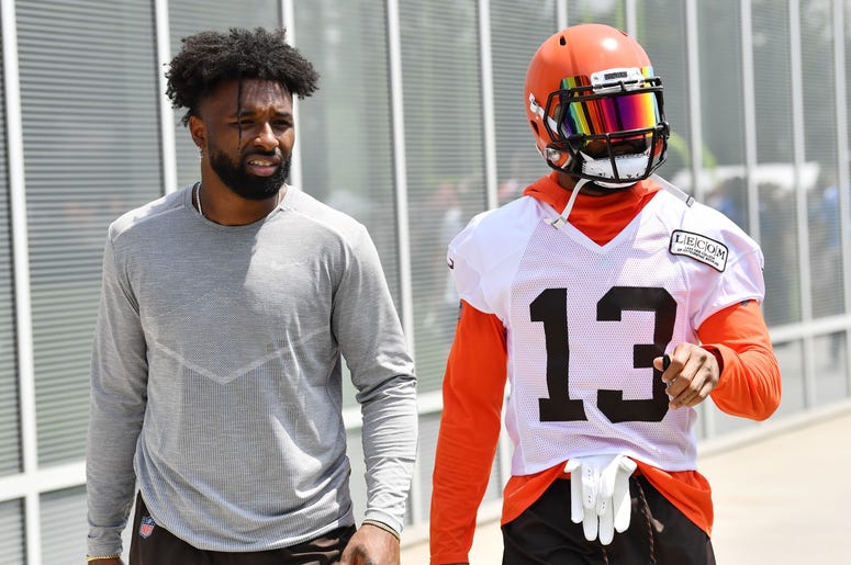Cleveland Browns wide receiver Jarvis Landry (left) and wide receiver Odell Beckham (13) leave the field after training camp at the Cleveland Browns Training Complex. Cleveland Browns wide receiver Jarvis Landry (left) and wide receiver Odell Beckham (13) leave the field after training camp at the Cleveland Browns Training Complex.