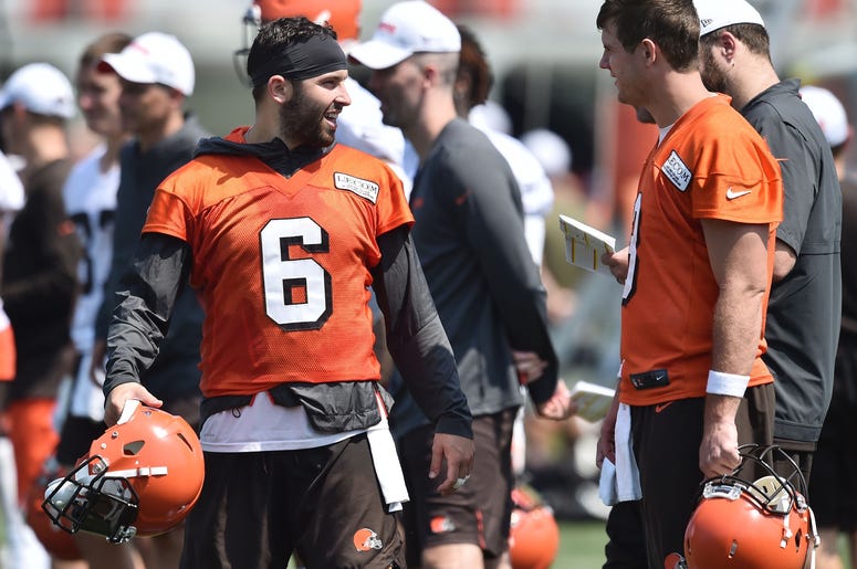 Cleveland Browns quarterback Baker Mayfield (6) talks with quarterback Garrett Gilbert (3) during training camp at the Cleveland Browns Training Complex Cleveland Browns quarterback Baker Mayfield (6) talks with quarterback Garrett Gilbert (3) during training camp at the Cleveland Browns Training Complex
