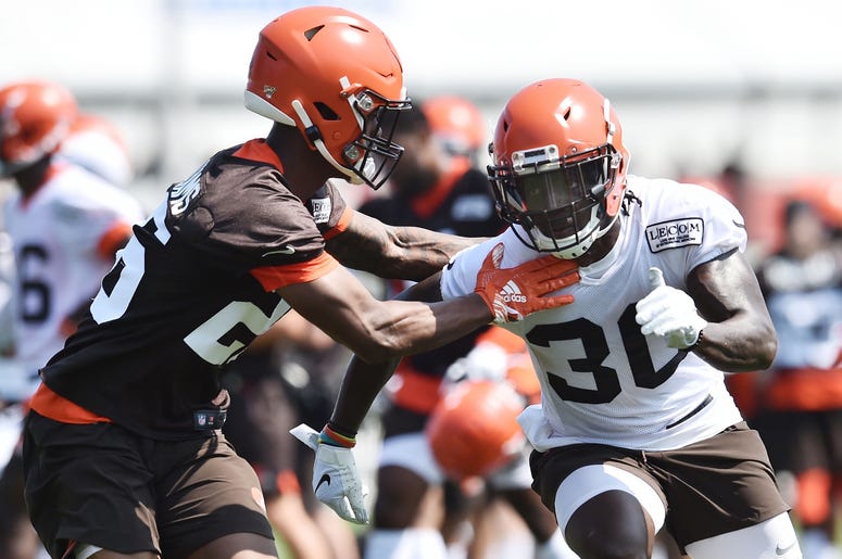 Cleveland Browns running back D'Ernest Johnson (30) runs a route against cornerback Greedy Williams (26) during training camp at the Cleveland Browns Training Complex Cleveland Browns running back D'Ernest Johnson (30) runs a route against cornerback Greedy Williams (26) during training camp at the Cleveland Browns Training Complex