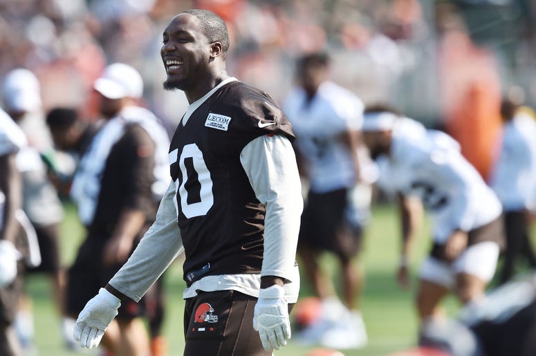 Cleveland Browns defensive end Chris Smith (50) smiles during training camp at the Cleveland Browns Training Complex. Cleveland Browns defensive end Chris Smith (50) smiles during training camp at the Cleveland Browns Training Complex.