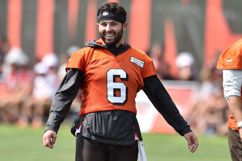 Cleveland Browns quarterback Baker Mayfield (6) smiles during training camp at the Cleveland Browns Training Complex. Cleveland Browns quarterback Baker Mayfield (6) smiles during training camp at the Cleveland Browns Training Complex.