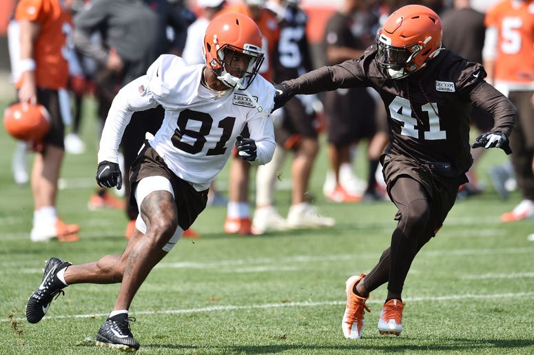 Cleveland Browns cornerback Lenzy Pipkins (41) covers wide receiver Rashard Higgins (81) during training camp at the Cleveland Browns Training Complex. Cleveland Browns cornerback Lenzy Pipkins (41) covers wide receiver Rashard Higgins (81) during training camp at the Cleveland Browns Training Complex.