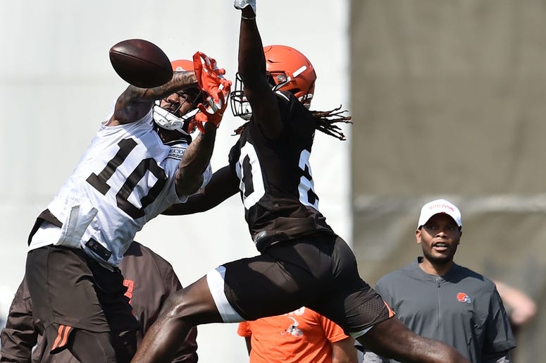 Cleveland Browns wide receiver Jaelen Strong (10) and cornerback Tavierre Thomas (20) go for a pass during training camp at the Cleveland Browns Training Complex. Cleveland Browns wide receiver Jaelen Strong (10) and cornerback Tavierre Thomas (20) go for a pass during training camp at the Cleveland Browns Training Complex.
