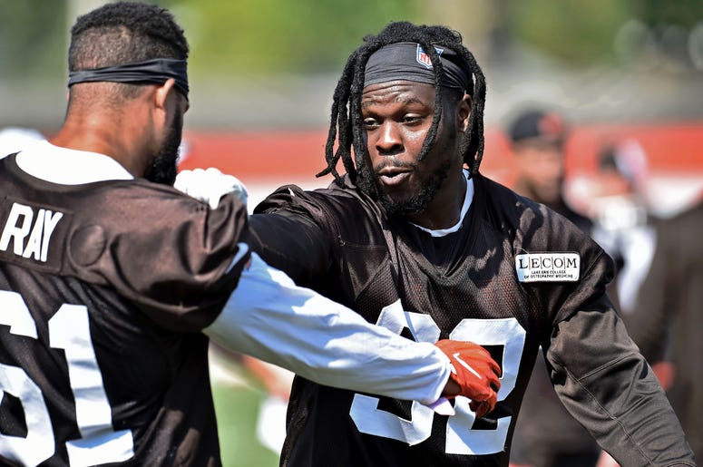 Cleveland Browns defensive end Chad Thomas (92) and defensive end Wyatt Ray (61) work on techniques during training camp at the Cleveland Browns Training Complex. Cleveland Browns defensive end Chad Thomas (92) and defensive end Wyatt Ray (61) work on techniques during training camp at the Cleveland Browns Training Complex.