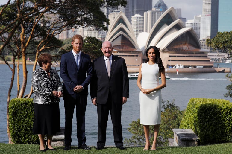 The Duke and Duchess of Sussex, Australia's Governor General Peter Cosgrove and his wife Lynne Cosgrove stand in the grounds of Admiralty House in Sydney, with a view of the Sydney Opera House, on the first day of the royal couple's visit to Australia The Duke and Duchess of Sussex, Australia's Governor General Peter Cosgrove and his wife Lynne Cosgrove stand in the grounds of Admiralty House in Sydney, with a view of the Sydney Opera House, on the first day of the royal couple's visit to Australia