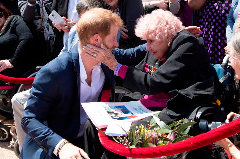 The Duke of Sussex meets 97 year old Dafney Dunne during a walkabout outside the Sydney Opera House on the first day of the Royal couple's visit to Australia. The Duke of Sussex meets 97 year old Dafney Dunne during a walkabout outside the Sydney Opera House on the first day of the Royal couple's visit to Australia.