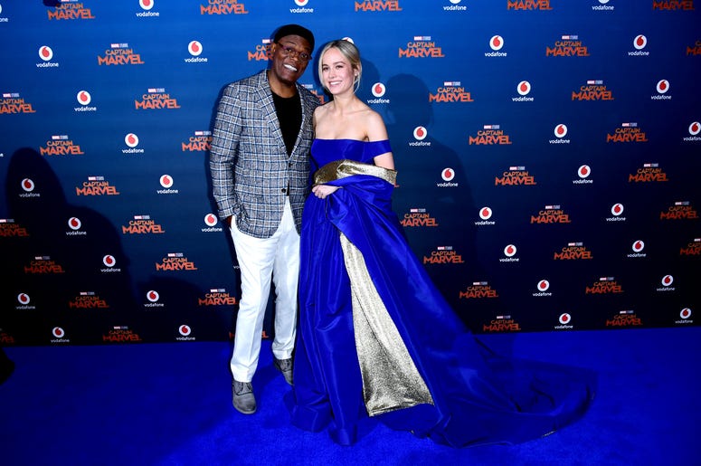 Samuel L. Jackson and Brie Larson attending the Captain Marvel European Premiere held at the Curzon Mayfair, London. Picture date: Wednesday February 27, 2019. Samuel L. Jackson and Brie Larson attending the Captain Marvel European Premiere held at the Curzon Mayfair, London. Picture date: Wednesday February 27, 2019.