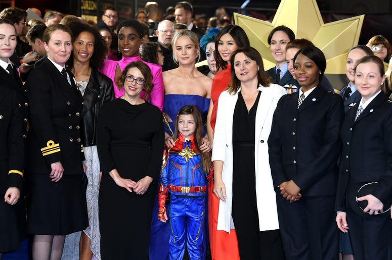Lashana Lynch (centre left) Brie Larson (centre) Gemma Chan (centre right) Anna Boden (front left) and Victoria Alonso (second right) with members of the UK Armed Forces atthe European premiere of Captain Marvel at Curzon Mayfair, London. Lashana Lynch (centre left) Brie Larson (centre) Gemma Chan (centre right) Anna Boden (front left) and Victoria Alonso (second right) with members of the UK Armed Forces atthe European premiere of Captain Marvel at Curzon Mayfair, London.