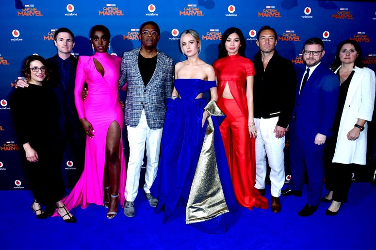 (left to right) Anna Boden, Ryan Fleck, Lashana Lynch, Samuel L. Jackson, Brie Larson, Gemma Chan, Jude Law, Jonathan Schwartz and Victoria Alonso attending the Captain Marvel European Premiere held at the Curzon Mayfair, London. (left to right) Anna Boden, Ryan Fleck, Lashana Lynch, Samuel L. Jackson, Brie Larson, Gemma Chan, Jude Law, Jonathan Schwartz and Victoria Alonso attending the Captain Marvel European Premiere held at the Curzon Mayfair, London.
