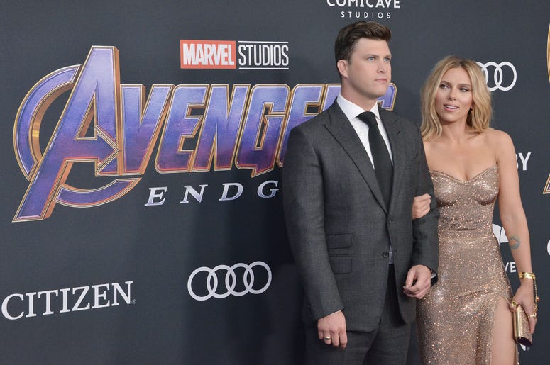 (L-R) Colin Jost and Scarlett Johansson at Marvel Studios' "Avengers: Endgame" World Premiere held at the Los Angeles Convention Center in Los Angeles, CA on Monday, April 22, 2019. (L-R) Colin Jost and Scarlett Johansson at Marvel Studios' "Avengers: Endgame" World Premiere held at the Los Angeles Convention Center in Los Angeles, CA on Monday, April 22, 2019.