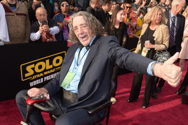 Peter Mayhew attends the premiere of Disney Pictures and Lucasfilm's "Solo: A Star Wars Story" at the El Capitan Theatre on May 10, 2018 Peter Mayhew attends the premiere of Disney Pictures and Lucasfilm's "Solo: A Star Wars Story" at the El Capitan Theatre on May 10, 2018