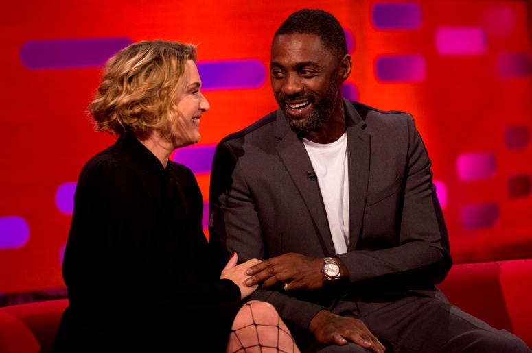 Kate Winslet and Idris Elba during filming of the Graham Norton Show at the London Studios, to be aired on BBC One on Friday evening. Kate Winslet and Idris Elba during filming of the Graham Norton Show at the London Studios, to be aired on BBC One on Friday evening.