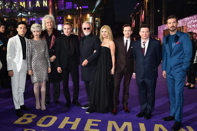 Left to right, Rami Malek, Anita Dobson, Brian May, Ben Hardy, Roger Taylor, Sarina Potgieter, Joseph Mazzello, Mike Myers and Gwilym Lee attending the Bohemian Rhapsody World Premiere held at the the SSE Arena, Wembley, London. Left to right, Rami Malek, Anita Dobson, Brian May, Ben Hardy, Roger Taylor, Sarina Potgieter, Joseph Mazzello, Mike Myers and Gwilym Lee attending the Bohemian Rhapsody World Premiere held at the the SSE Arena, Wembley, London.