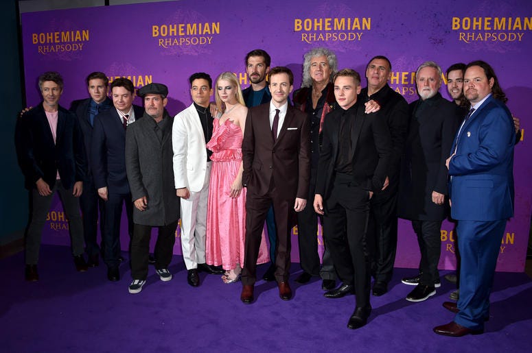 Left to right, Aidan Gillen, Allen Leech, Mike Myers, Tom Hollander, Rami Malek, Lucy Boynton, Gwilym Lee, Joseph Mazzello, Brian May, Ben Hardy, Graham King, Roger Taylor and guests attending the Bohemian Rhapsody World Premiere held at the the SSE Arena Left to right, Aidan Gillen, Allen Leech, Mike Myers, Tom Hollander, Rami Malek, Lucy Boynton, Gwilym Lee, Joseph Mazzello, Brian May, Ben Hardy, Graham King, Roger Taylor and guests attending the Bohemian Rhapsody World Premiere held at the the SSE Arena