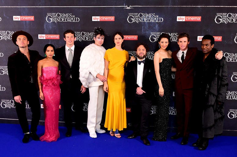 Jude Law (left to right), Zoe Kravitz, Callum Turner, Ezra Miller, Katherine Waterston, Dan Fogler, Claudia Kim, Eddie Redmayne and William Nadylam attending the Fantastic Beasts: The Crimes of Grindelwald UK premiere held at Leicester Square, London Jude Law (left to right), Zoe Kravitz, Callum Turner, Ezra Miller, Katherine Waterston, Dan Fogler, Claudia Kim, Eddie Redmayne and William Nadylam attending the Fantastic Beasts: The Crimes of Grindelwald UK premiere held at Leicester Square, London