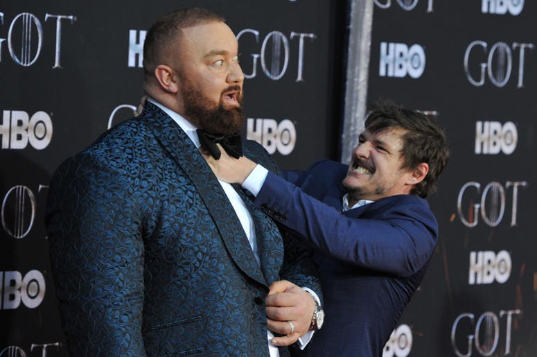 (L-R) Hafþor Julius Bjornsson and Pedro Pascal attend HBO's "Game of Thrones" eight and final season premiere at Radio City Music Hall in New York, NY, April 3, 2019. (L-R) Hafþor Julius Bjornsson and Pedro Pascal attend HBO's "Game of Thrones" eight and final season premiere at Radio City Music Hall in New York, NY, April 3, 2019.