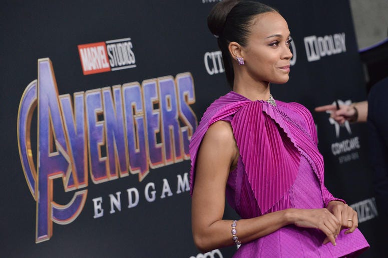 Zoe Saldana arrives at Marvel Studios' "Avengers: Endgame" World Premiere held at the Los Angeles Convention Center in Los Angeles, CA on Monday, April 22, 2019. Zoe Saldana arrives at Marvel Studios' "Avengers: Endgame" World Premiere held at the Los Angeles Convention Center in Los Angeles, CA on Monday, April 22, 2019.