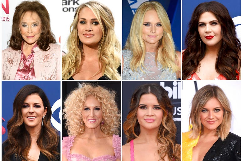 This combination photo shows country music artists, top row from left, Loretta Lynn, Carrie Underwood, Miranda Lambert, Hillary Scott, bottom row from left, Karen Fairchild, Kimberly Schlapman, Maren Morris and Kelsea Ballerini, DO NOT USE