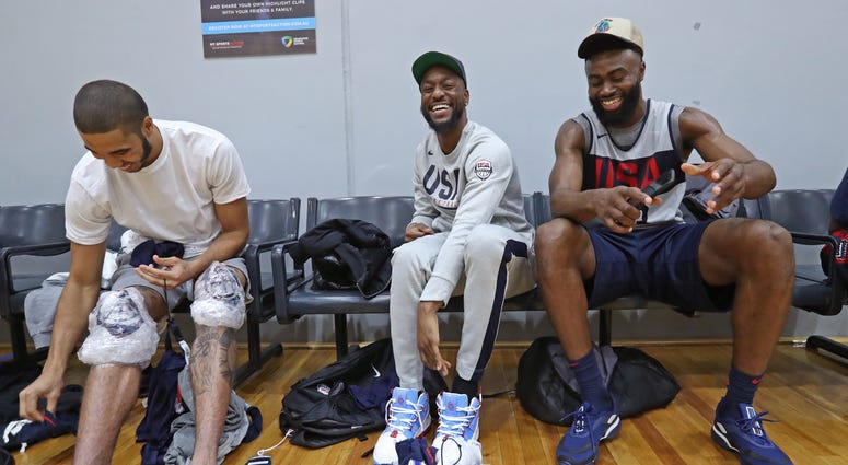 Jayson Tatum, Kemba Walker and Jaylen Brown