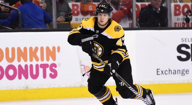 NHL: Detroit Red Wings at Boston Bruins Mar 6, 2018; Boston, MA, USA; Boston Bruins defenseman Torey Krug (47) controls the puck during the third period against the Detroit Red Wings at TD Garden.
