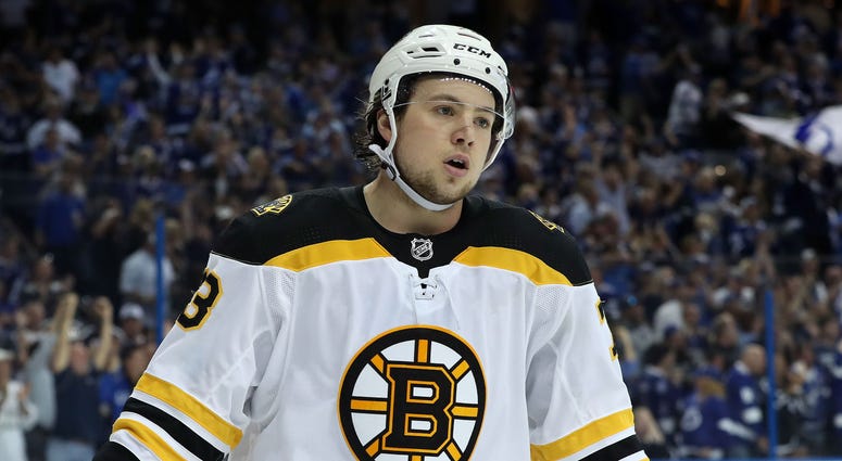 NHL: Stanley Cup Playoffs-Boston Bruins at Tampa Bay Lightning Apr 30, 2018; Tampa, FL, USA;Boston Bruins defenseman Charlie McAvoy (73) during the third period in game two of the second round of the 2018 Stanley Cup Playoffs at Amalie Arena. Tampa Bay Lightning defeated the Boston Bruins 4-2. Mandatory Credit: Kim K