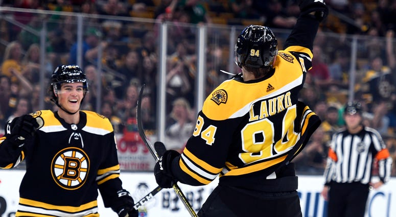 NHL: Preseason-Washington Capitals at Boston Bruins Sep 16, 2018; Boston, MA, USA; Boston Bruins forward Jakub Lauko (94) celebrates his goal during the first period against the Washington Capitals at TD Garden. Mandatory Credit: Bob DeChiara-USA TODAY Sports