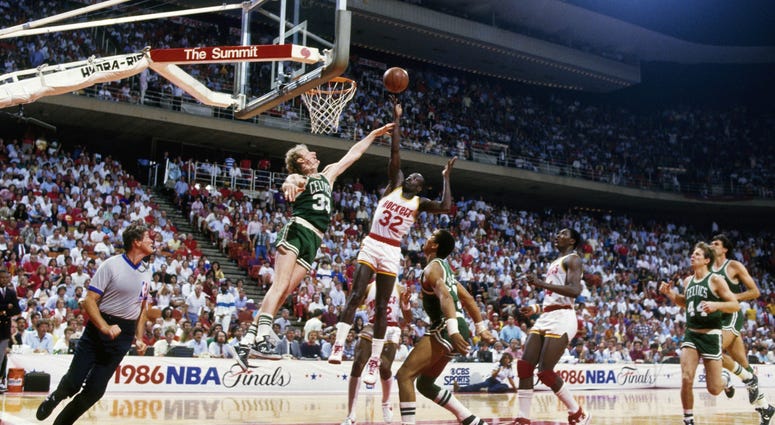 Larry Bird contests a shot in the 1986 NBA Finals