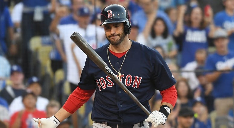MLB: World Series-Boston Red Sox at Los Angeles Dodgers Oct 27, 2018; Los Angeles, CA, USA; Boston Red Sox outfielder J.D. Martinez (28) reacts after striking out in the first inning against the Los Angeles Dodgers in game four of the 2018 World Series at Dodger Stadium. Mandatory Credit: Richard Mackson-USA T