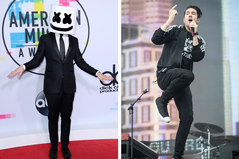 Marshmello | Dan From Bastille LOS ANGELES, CA - NOVEMBER 19: Marshmello at the 2017 American Music Awards at Microsoft Theater on November 19, 2017 in Los Angeles, California.Bastille lead vocalist Dan Smith performs during a collaboration with Mura Masa during the second day of BBC R
