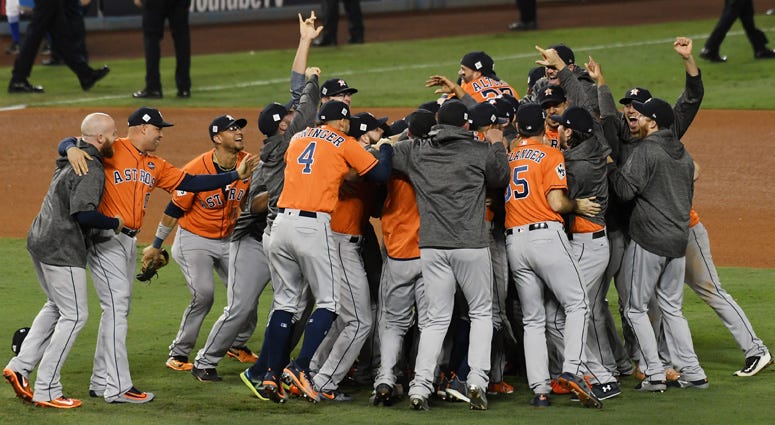 The Houston Astros celebrate defeating the Los Angeles Dodgers in Game 7 to win the 2017 World Series at Dodger Stadium on Nov. 1, 2019. The Houston Astros celebrate defeating the Los Angeles Dodgers in Game 7 to win the 2017 World Series at Dodger Stadium on Nov. 1, 2019.