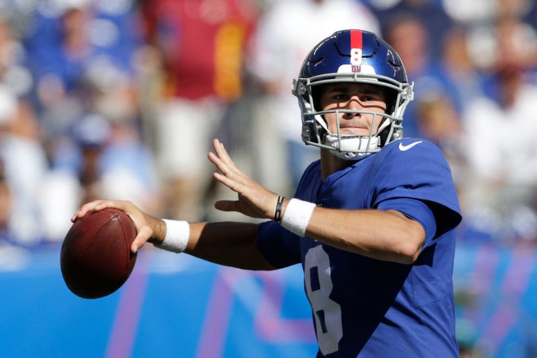 New York Giants quarterback Daniel Jones looks to pass during the second half of an NFL football game against the Washington Redskins, Sunday, Sept. 29, 2019, in East Rutherford, N.J. New York Giants quarterback Daniel Jones looks to pass during the second half of an NFL football game against the Washington Redskins, Sunday, Sept. 29, 2019, in East Rutherford, N.J.
