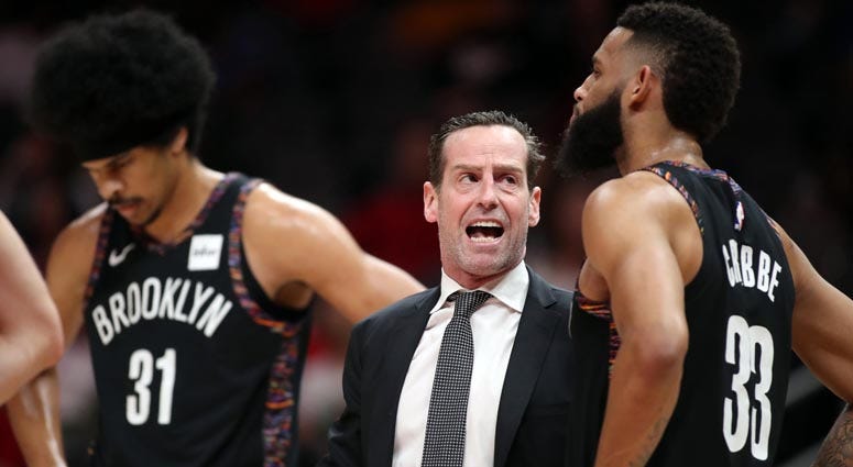 Nets coach Kenny Atkinson talks with guard Allen Crabbe during a game against the Hawks on March 9, 2019, at State Farm Arena in Atlanta. Nets coach Kenny Atkinson talks with guard Allen Crabbe during a game against the Hawks on March 9, 2019, at State Farm Arena in Atlanta.