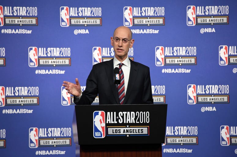 Feb 17, 2018; Los Angeles, CA, USA; NBA commissioner Adam Silver addresses the media at 2018 NBA All Star game press conference at the Staples Center. Mandatory Credit: Kirby Lee-USA TODAY Sports