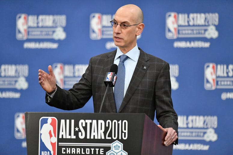 NBA Commissioner Adam Silver speaks to the media during a news conference at Spectrum Center in Charlotte, N.C., on Saturday, Feb. 16, 2019. Adam Silver