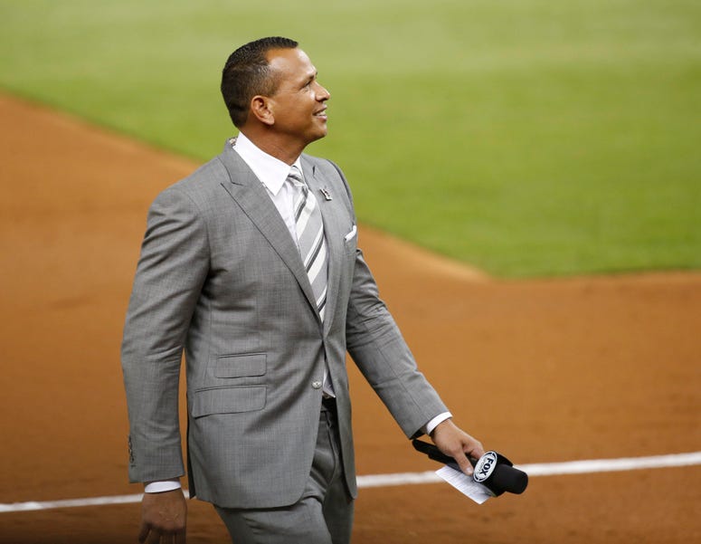 Commentator Alex Rodriguez on the field in the second inning during the 2017 MLB All-Star Game at Marlins Park. Alex Rodriguez
