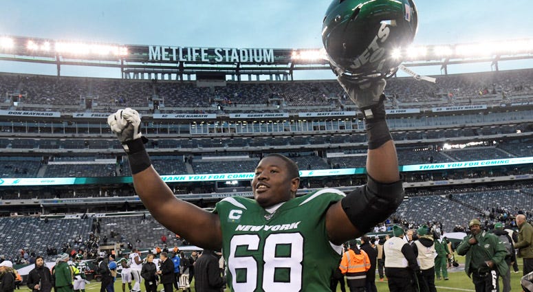 Jets offensive tackle Kelvin Beachum celebrates after the game against the Raiders on Nov. 24, 2019, at MetLife Stadium. Jets offensive tackle Kelvin Beachum celebrates after the game against the Raiders on Nov. 24, 2019, at MetLife Stadium.