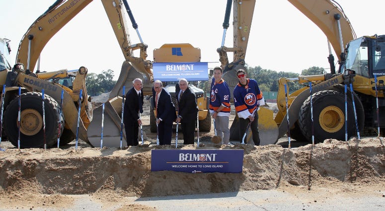 Islanders General Manager Lou Lamoriello, co-owner Jon Ledecky, coach Barry Trotz and captain Anders Lee and goaltender Thomas Greiss take part in the groundbreaking ceremony for the new hockey arena at Belmont Park on September 23, 2019. Islanders General Manager Lou Lamoriello, co-owner Jon Ledecky, coach Barry Trotz and captain Anders Lee and goaltender Thomas Greiss take part in the groundbreaking ceremony for the new hockey arena at Belmont Park on September 23, 2019.