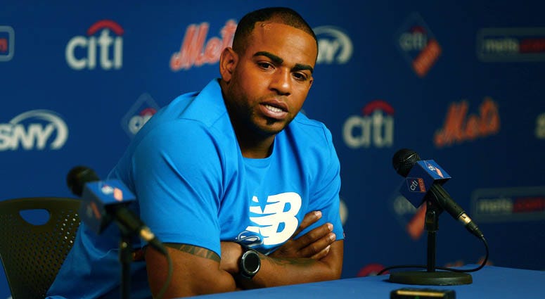 Mets outfielder Yoenis Cespedes addresses the media in a press conference on July 25, 2018, announcing he will undergo season-ending surgery on his heels. Mets outfielder Yoenis Cespedes addresses the media in a press conference on July 25, 2018, announcing he will undergo season-ending surgery on his heels.