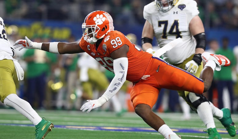 Clemson Tigers defensive end Clelin Ferrell (99) in action during the second half against the Norte Dame Fighting Irish in the 2018 Cotton Bowl college football playoff semifinal game at AT&T Stadium. Clemson Tigers defensive end Clelin Ferrell (99) in action during the second half against the Norte Dame Fighting Irish in the 2018 Cotton Bowl college football playoff semifinal game at AT&T Stadium.