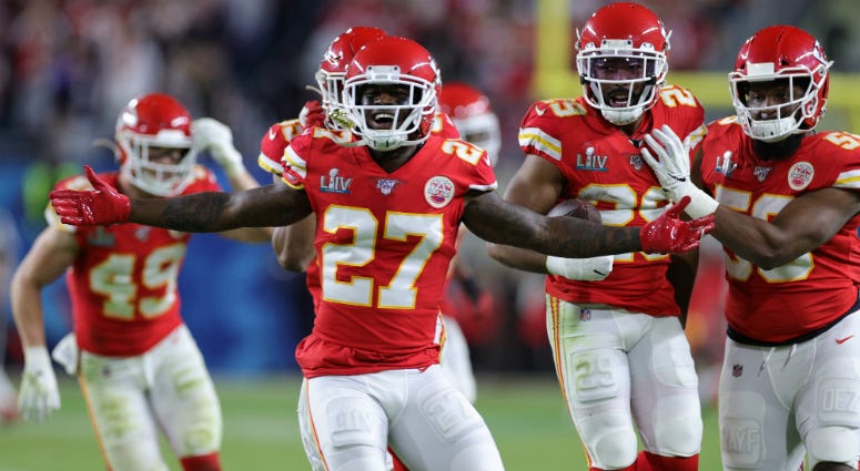 Rashad Fenton of the Chiefs celebrates after Kendall Fuller intercepted a pass from Jimmy Garoppolo of the San Francisco 49ers (not pictured) during the fourth quarter in Super Bowl LIV at Hard Rock Stadium on February 02, 2020 in Miami, Florida. Rashad Fenton of the Chiefs celebrates after Kendall Fuller intercepted a pass from Jimmy Garoppolo of the San Francisco 49ers (not pictured) during the fourth quarter in Super Bowl LIV at Hard Rock Stadium on February 02, 2020 in Miami, Florida.