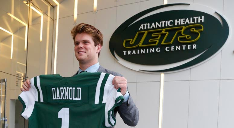 Sam Darnold poses for a photo at the Atlantic Health Jets Training Center in Florham Park, New Jersey, on April 27, 2018. Sam Darnold poses for a photo at the Atlantic Health Jets Training Center in Florham Park, New Jersey, on April 27, 2018.
