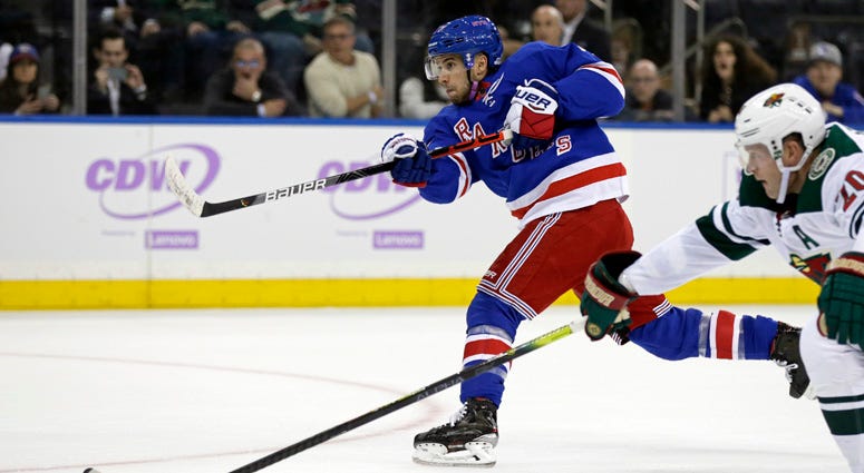 Rangers defenseman Tony DeAngelo shoots and scores the game-winning goal in overtime against the Minnesota Wild on Nov. 25, 2019, at Madison Square Garden. Rangers defenseman Tony DeAngelo shoots and scores the game-winning goal in overtime against the Minnesota Wild on Nov. 25, 2019, at Madison Square Garden.