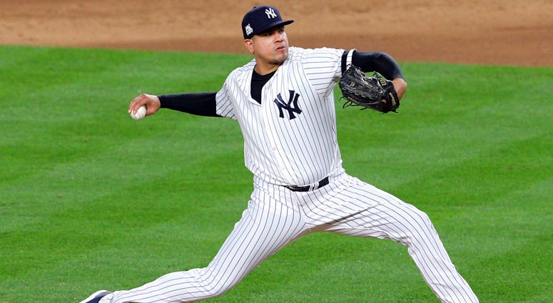 Yankees relief pitcher Dellin Betances pitches against the Houston Astros during Game 3 of the American League Championship Series on Oct. 17, 2017, at Yankee Stadium. Yankees relief pitcher Dellin Betances pitches against the Houston Astros during Game 3 of the American League Championship Series on Oct. 17, 2017, at Yankee Stadium.