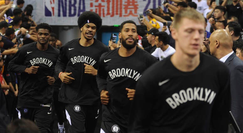 Brooklyn Nets players arrive for a game against the Lakers on Oct. 12, 2019, in Shenzhen, China. Brooklyn Nets players arrive for a game against the Lakers on Oct. 12, 2019, in Shenzhen, China.