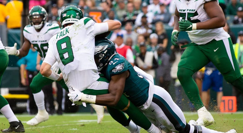 The Eagles' Vinny Curry sacks Jets quarterback Luke Falk on Oct. 6, 2019, at Lincoln Financial Field. The Eagles' Vinny Curry sacks Jets quarterback Luke Falk on Oct. 6, 2019, at Lincoln Financial Field.