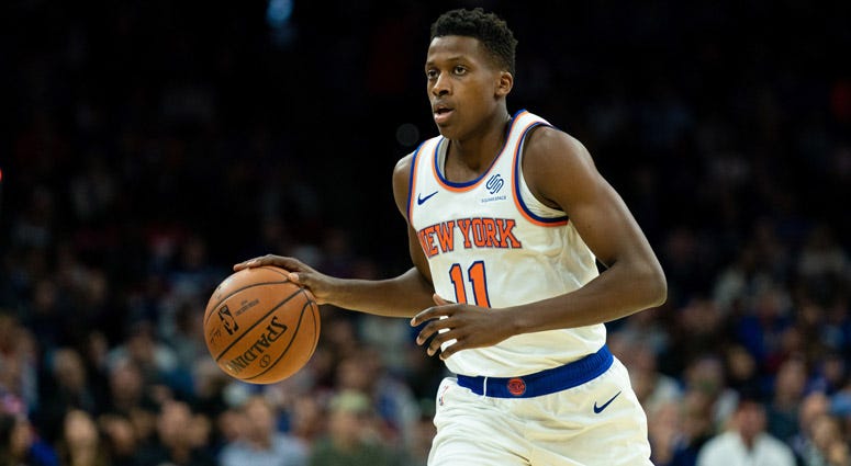 Knicks guard Frank Ntilikina dribbles against the 76ers on Nov. 20, 2019, at Wells Fargo Center in Philadelphia. Knicks guard Frank Ntilikina dribbles against the 76ers on Nov. 20, 2019, at Wells Fargo Center in Philadelphia.