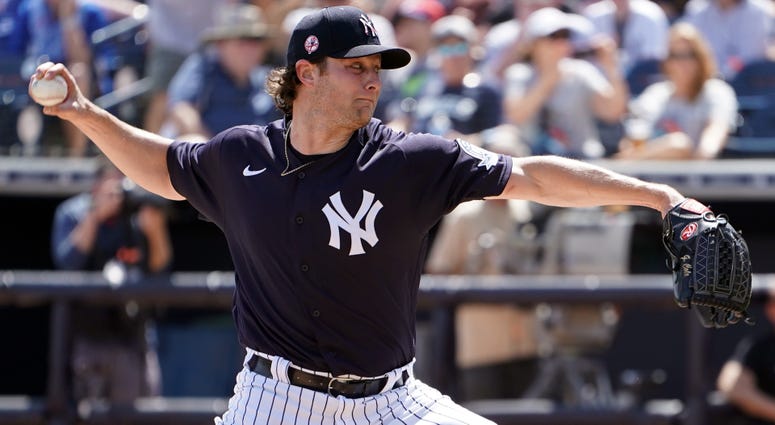 New York Yankees starting pitcher Gerrit Cole (45) pitching against the Toronto Blue Jays during the first inning at George M. Steinbrenner Field New York Yankees starting pitcher Gerrit Cole (45) pitching against the Toronto Blue Jays during the first inning at George M. Steinbrenner Field